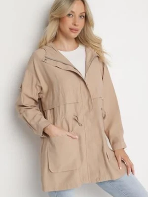 Jasnobeżowa Kurtka Parka z Nieodpinanym Kapturem i Troczkiem w Pasie Mevarie h&s