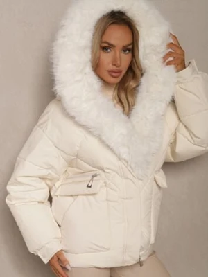 Jasnobeżowa Kurtka Pikowana z Kapturem i Odpinanymi Futerkowymi Wstawkami Izafera rosse line