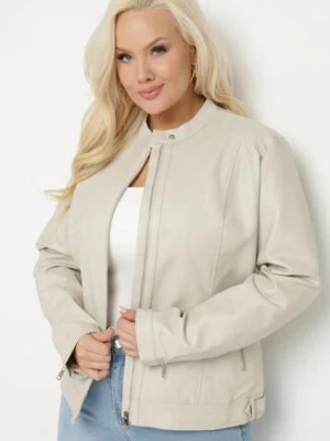 Jasnobeżowa Kurtka Ramoneska Bez Kołnierzyka z Suwakami na Rękawach Rilinne jstyle