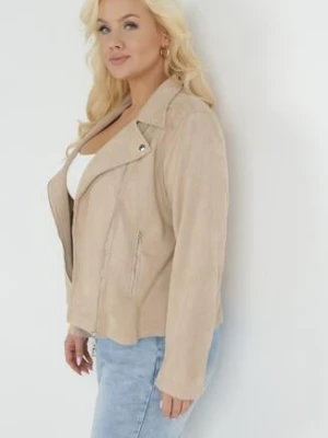Jasnobeżowa Kurtka Ramoneska z Imitacji Zamszu z Asymetrycznym Suwakiem Maisen christy