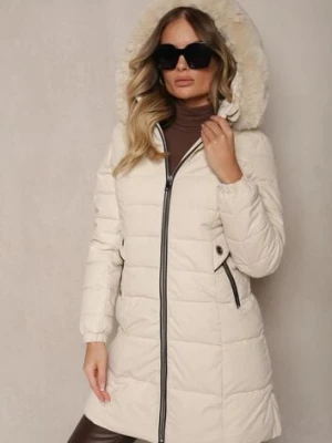 Jasnobeżowa Kurtka z Pikowanego Materiału z Odpinanym Kapturem i Futerkiem Tarlena glo-story