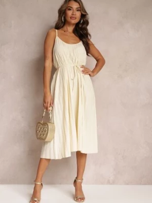 Jasnobeżowa Letnia Sukienka Ozdobiona Plisowaniem i Wiązaniem w Pasie Aziel cflo