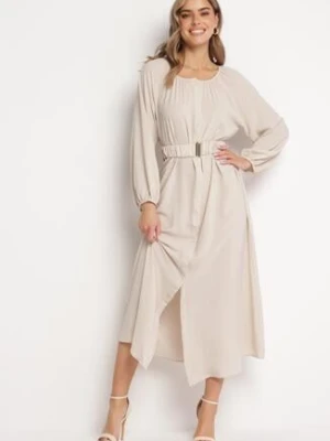 Jasnobeżowa Luźna Sukienka Maxi z Guzikami i Paskiem z Ozdobną Klamrą Liriti rosa