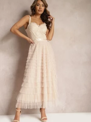 Jasnobeżowa Maxi Sukienka Rozkloszowana Sukienka na Ramiączkach z Gorsetową Górą Ocartia elsa.m by may