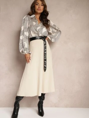 Jasnobeżowa Midi Spódnica Rozkloszowana o Klasycznym Fasonie Namettia fashion station