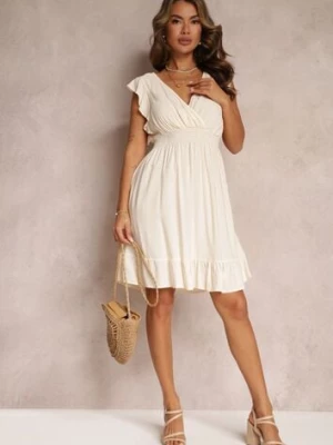 Jasnobeżowa Mini Sukienka z Wiskozy o Rozkloszowanym Fasonie i Kopertowym Dekolcie Lolsa cflo