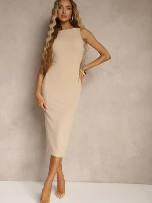 Jasnobeżowa Ołówkowa Sukienka Bez Rękawów z Wiskozą Zdobiona Rozcięciem z Tyłu Fonama by swan