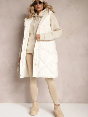 Jasnobeżowa Pikowana Kamizelka o Długim Kroju z Nieodpinanym Kapturem Naiarres