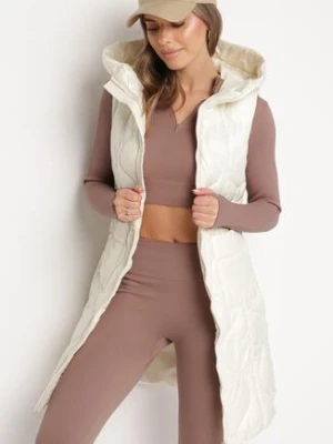 Jasnobeżowa Pikowana Kamizelka z Kapturem i Kieszeniami Kress