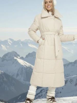 Jasnobeżowa Pikowana Kurtka Płaszcz za Kolano z Wiązanym Paskiem Opiedsse melya by melody