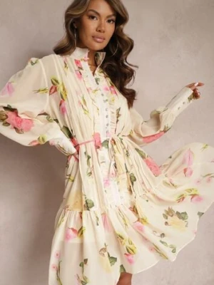 Jasnobeżowa Plisowana Sukienka Midi z Kwiatowym Wzorem z Paskiem i Guzikami Jazai elsa.m by may