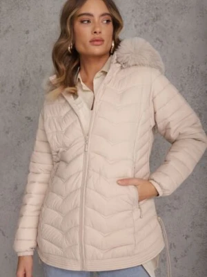 Jasnobeżowa Przejściowa Kurtka z Pikowaniem Bocznymi Ściągaczami i Kapturem Fezizia j.style