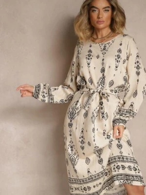 Jasnobeżowa Pudełkowa Sukienka Boho w Etniczne Wzory z Paskiem Lisalenea j&x