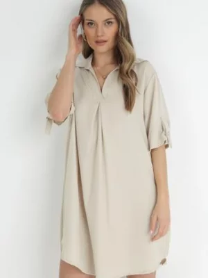 Jasnobeżowa Pudełkowa Sukienka Mini z Kołnierzykiem Zeena lily rose
