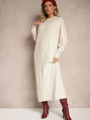 Jasnobeżowa Pudełkowa Sukienka z Dzianiny z Wiskozą Maziala m&d fashion