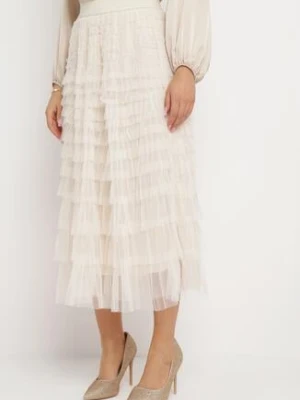 Jasnobeżowa Rozkloszowana Spódnica Maxi z Falbankami z Tiulu Davena bisou's project