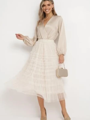 Jasnobeżowa Rozkloszowana Spódnica Maxi z Falbankami z Tiulu Davena bisou's project