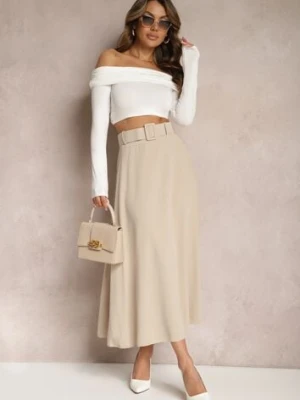 Jasnobeżowa Rozkloszowana Spódnica Maxi z Paskiem i Klamrą Adlirca