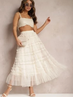 Jasnobeżowa Rozkloszowana Spódnica Maxi Zdobiona Falbankami z Tiulu z Gumką w Pasie Remina bisou's project