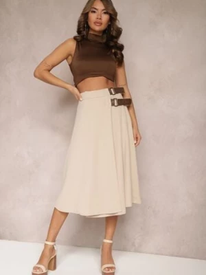 Jasnobeżowa Rozkloszowana Spódnica Midi z Gumką w Talii i Paskami z Imitacji Skóry Helemisia