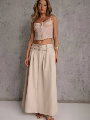 Jasnobeżowa Rozkloszowana Spódnica w Stylu Preppy z Kieszeniami i Podwójnym Paskiem Doripla m&d fashion