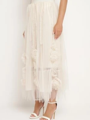 Jasnobeżowa Rozkloszowana Spódnica z Wysokim Stanem z Gumką w Talii i Ozdobną Siateczką Vikkailla rosa