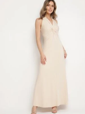 Jasnobeżowa Rozkloszowana Sukienka Bez Rękawów z Wiskozą Zdobiona Marszczeniem Folenissa by swan