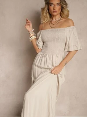 Jasnobeżowa Rozkloszowana Sukienka Hiszpanka z Bawełny z Elastyczną Górą Maissa defox