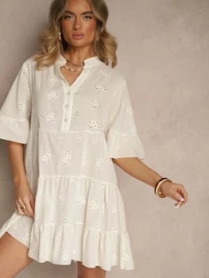 Jasnobeżowa Rozkloszowana Sukienka Koszulowa z Bawełny Zdobiona Haftem i Falbanami Filarosa defox