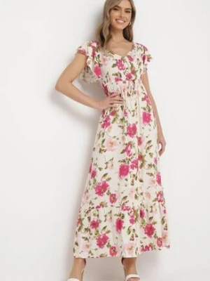 Jasnobeżowa Rozkloszowana Sukienka Maxi z Wiskozy w Kwiatowy Print Unadis rosa