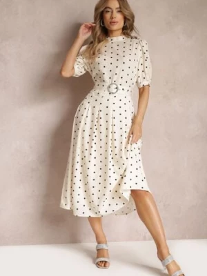 Jasnobeżowa Rozkloszowana Sukienka Midi z Gumką w Pasie i Ozdobnym Paskiem z Klamrą Abennita bisou's project