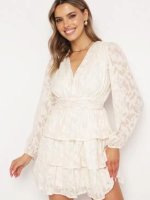 Jasnobeżowa Rozkloszowana Sukienka Mini z Marszczeniami i Falbankami Lanevin retro & icone