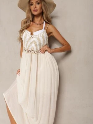 Jasnobeżowa Rozkloszowana Sukienka na Ramiączkach z Ozdobną Talią Xceviana rosa