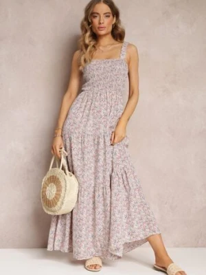 Jasnobeżowa Rozkloszowana Sukienka w Kwiaty na Ramiączkach Malaisia rosa