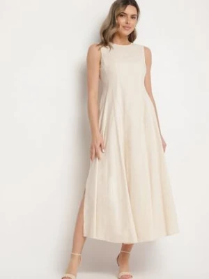 Jasnobeżowa Rozkloszowana Sukienka z Bawełną i Wiskozą Ozdobiona Rozcięciem na Nogę Devirael elsa.m by may