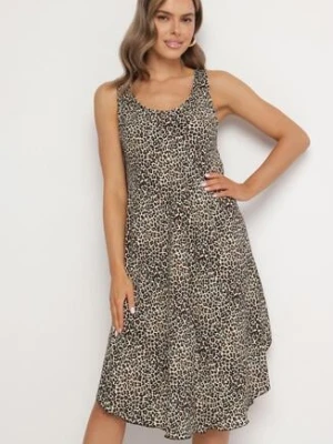 Jasnobeżowa Rozkloszowana Sukienka z Bawełny w Panterkę Natiloria defox