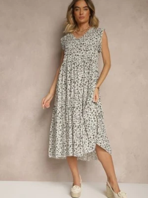 Beżowo-Granatowa Rozkloszowana Sukienka z Bawełny z Dekoltem w Serek Zdobiona Falbanami Iffilara defox