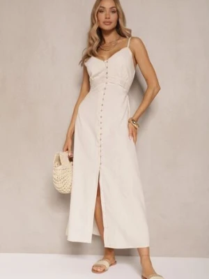 Jasnobeżowa Rozkloszowana Sukienka z Bawełny z Guzikami i Regulowanymi Ramiączkami Lorbia rosa