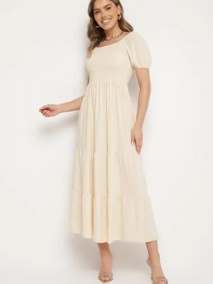 Jasnobeżowa Rozkloszowana Sukienka z Dekoltem Typu Hiszpanka z Marszczeniem Lumorice j&x