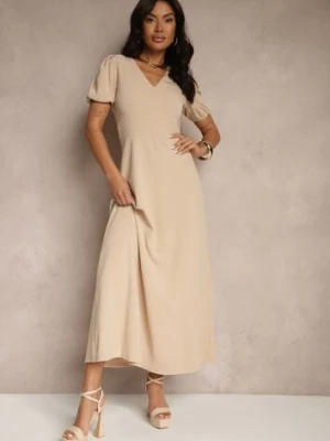 Jasnobeżowa Rozkloszowana Sukienka z Lekko Bufiastymi Rękawami i Dekoltem V Efrusae by swan