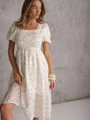 Jasnobeżowa Rozkloszowana Sukienka z Tencelu w Stylu Baby Doll w Kwiatowy Print Harele j&x