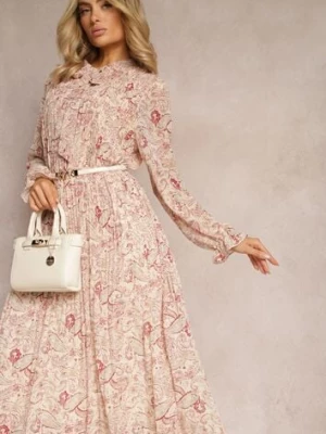 Jasnobeżowa Rozkloszowana Sukienka z Wiązaniem przy Szyi w Print Paisley Clarosa