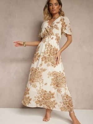 Jasnobeżowa Rozkloszowana Sukienka z Wiązaniem w Kwiatowy Wzór Jeloiti m&d fashion