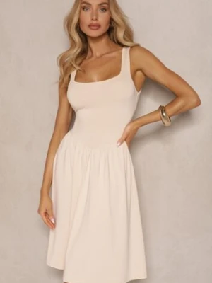 Jasnobeżowa Rozkloszowana Sukienka z Wiskozą Edivaya by swan