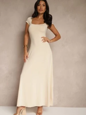 Jasnobeżowa Rozkloszowana Sukienka z Wiskozą z Kwadratowym Dekoltem Nalorina by swan