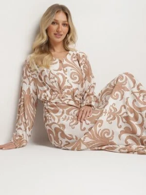 Jasnobeżowa Rozkloszowana Sukienka z Wiskozą z Wiązaniem w Abstrakcyjny Wzór Ridimarelle m&d fashion