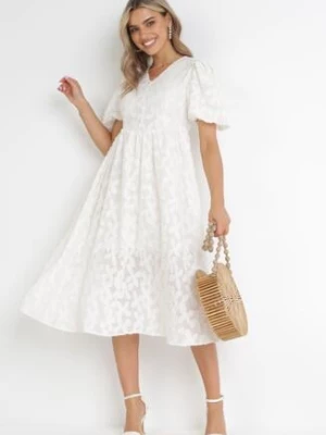 Jasnobeżowa Rozkloszowana Sukienka z Wiskozy z Bufiastymi Rękawami Devisana elsa.m by may