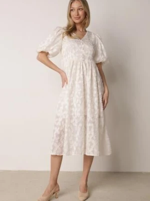 Jasnobeżowa Rozkloszowana Sukienka z Wiskozy z Bufiastymi Rękawami Devisana elsa.m by may