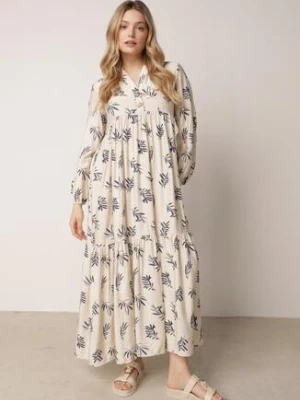 Jasnobeżowa Rozkloszowana Sukienka z Wiskozy z Dekoltem na Guziki Watesa m&d fashion