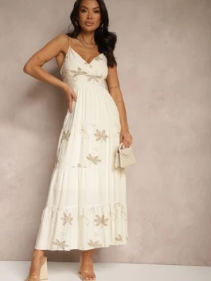 Jasnobeżowa Rozkloszowana Sukienka z Wiskozy z Haftowanym Motywem na Ramiączkach Telilia h&s